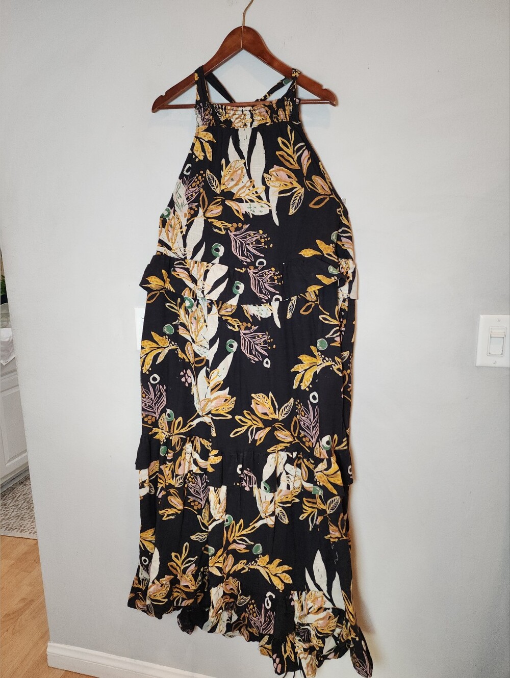 Free People Anita Maxi Dress 100% Cotton Linen Black Floral Sleeveless Pockets L